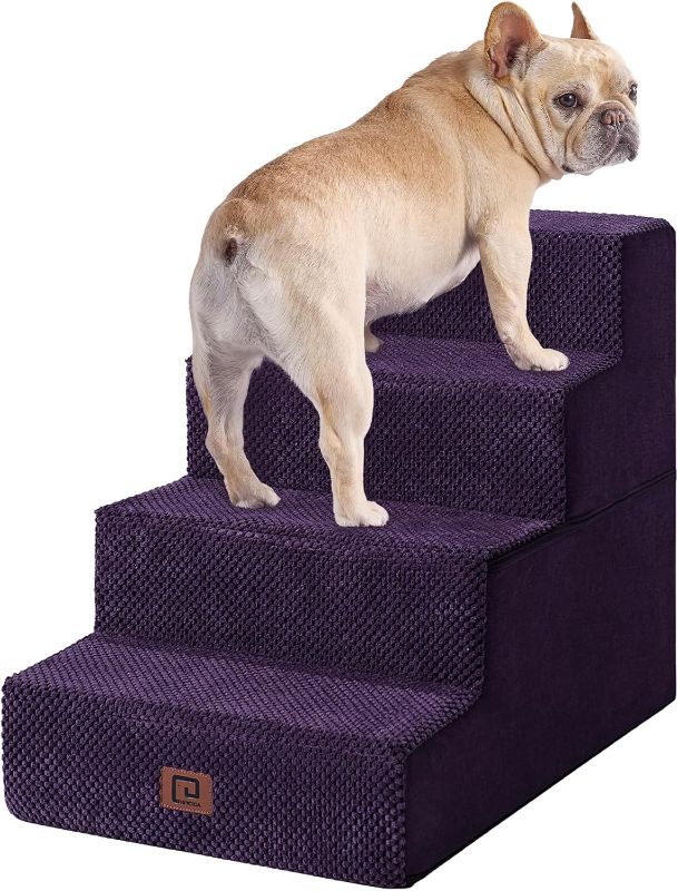 Photo 1 of EHEYCIGA Dog Stairs for Bed 18”H, 4-Step Dog Steps for High Bed, Pet Steps for Small Dogs and Cats, Non-Slip Balanced Dog Indoor Ramp, Purple
