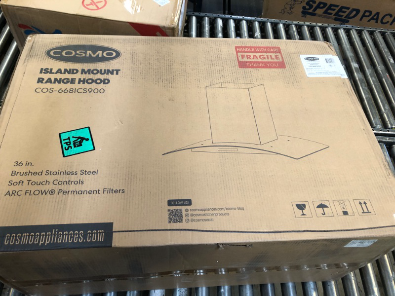 Photo 4 of COSMO 668ICS900 36 in. Island Range Hood with 380 CFM, 3 Speeds, Ducted, Permanent Filters, Soft Touch Controls, LED Lights, Curved Glass Hood in Stainless Steel 36 in. Glass Island Range Hood Range Hood