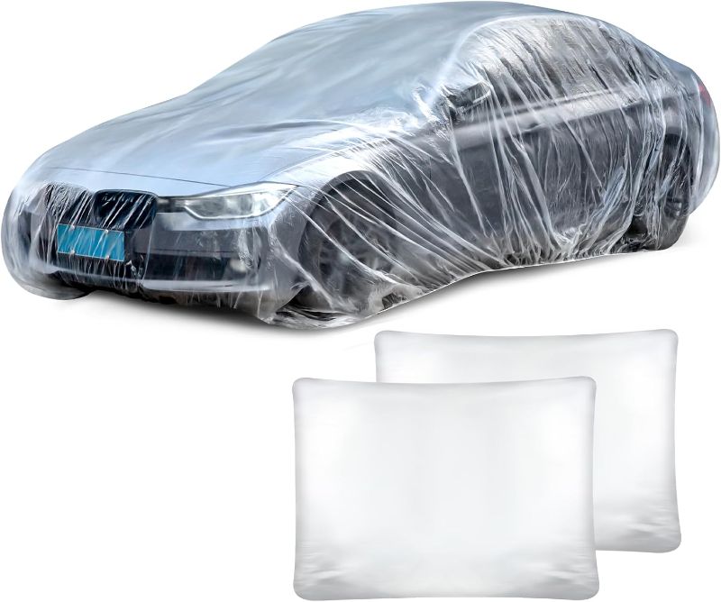 Photo 1 of BBTO 2 Pack Universal Plastic Car Cover with Elastic Band Disposable Car Covers Bulk 12.5 x 21.6 ft Waterproof Dustproof Full Exterior Covers Clear Car Protector for Sedan Outdoor Snow Rain Weather
