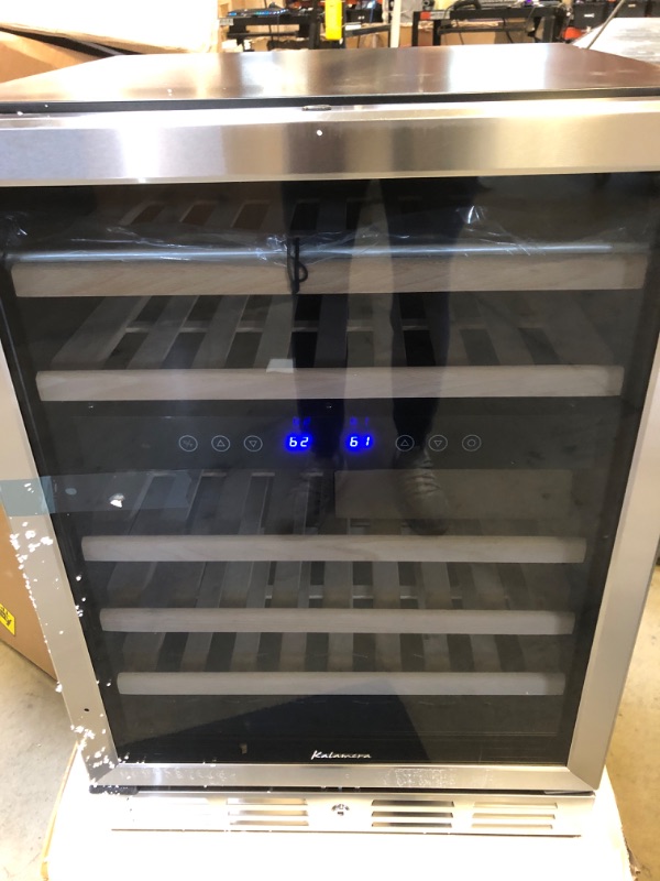 Photo 2 of Kalamera 24 inch Wine Cooler, 46 Bottle - Dual Zone Built-in or Freestanding Fridge with Stainless Steel Reversible Glass Door, for Home, Kitchen, or Office.