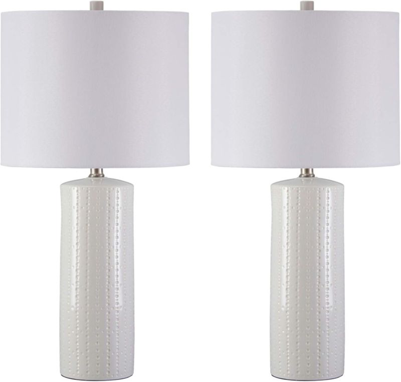 Photo 1 of Signature Design by Ashley Steuben Textured Ceramic Table Lamp, 2 Count Lamps, 25", Solid White
