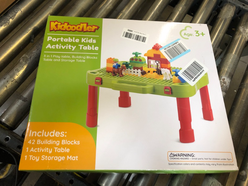 Photo 2 of Factory Sealed 3 in 1 Kids Activity Table, Kids Play Table Set with 42 Blocks, Building Blocks Kit Compatible with Mega Blocks and Lego Duplo, Foldable Activity Desk, Play Board, and Toy Storage for Toddlers