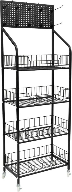 Photo 1 of TFCFL 4-Tier Metal Wire Storage Shelf Display Rack with Wheels, Standing Shelf Units, Metal Steel Heavy Duty Standing Shelf, Retail Display Rack Stand for Garage, Kitchen, and More
