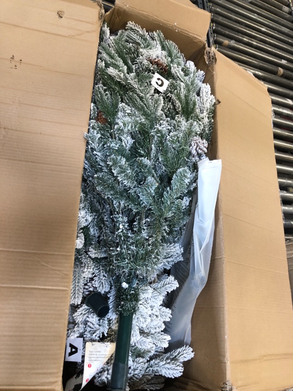 Photo 2 of 7.5 FT Snow Flocked Slim Fir Christmas Tree with 1424 PE & PVC Mixed Branch Tips,Unlit Artificial Skinny Pencil Xmas Tree with 40 Pine Cones,Hinged Premium Xmas Trees for Home,Office,Party Decoration