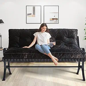 Photo 1 of MAXYOYO 6" Futon Mattress Full Size, Velvet Thick Futons Sofa Couch Bed, Floor Mattress for Adults, Shredded Foam Filling (Frame Not Included), Black, 54x80 Inch
