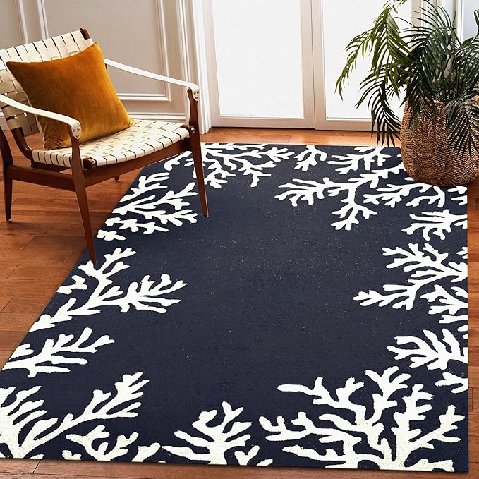 Photo 1 of Liora Manne CAPRI Indoor/Outdoor Handmade Synthetic Blend Durable Area Rug - Traditional Border Coastal Beach Accent (Coral Border Navy) (8'3" x 11'6")
