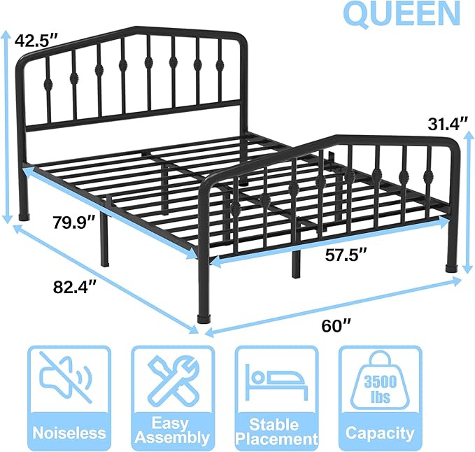 Photo 1 of 14 Inch Classic Metal Platform Bed Frame Mattress Foundation with Victorian Style Iron-Art Headboard and Footboard/Under Bed Storage/No Box Spring Needed/Queen Size Black
