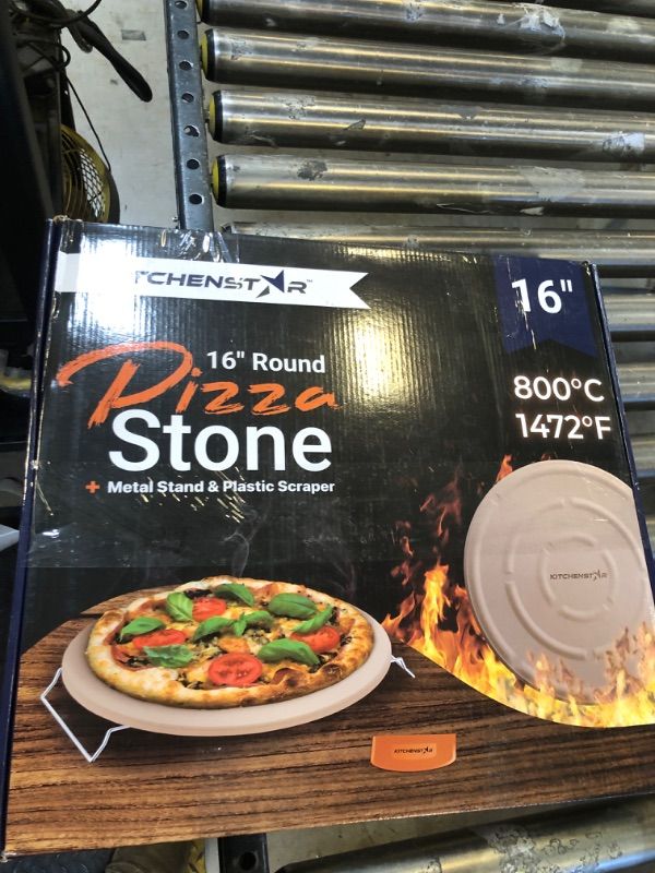 Photo 3 of 16" Pizza Stone for Oven & Grill with Handles - Natural Cordierite Baking Stone Set with SS Rack & Plastic Scraper (1500 °F Resistant, Round, Large)