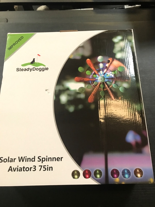 Photo 1 of SteadyDoggie 75-Inch Solar Wind Spinner Aviator3 - Solar-Powered with Multi-Color LED Glass Ball - Metal Kinetic Windmill for Dual Wind Direction - Easy to Assemble Garden and Outdoor Yard Decorations