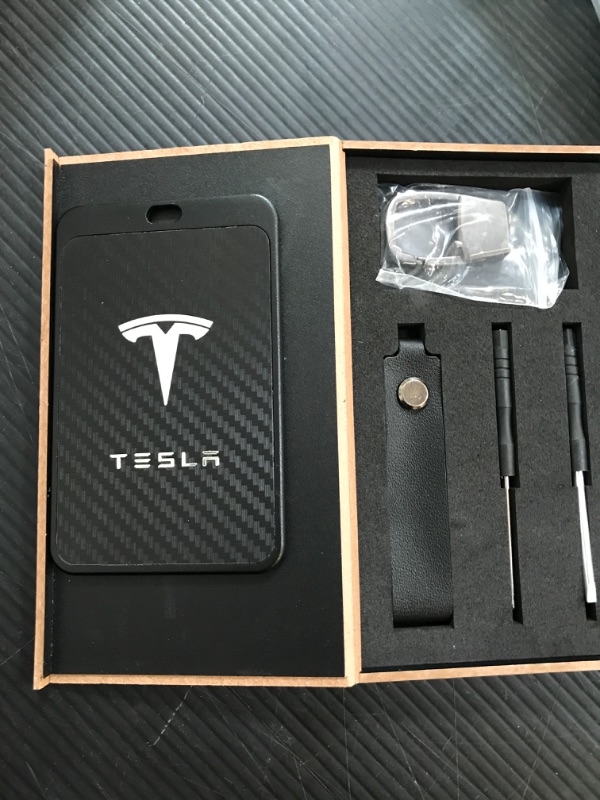 Photo 1 of ONKENTET Key Card Holder Case Compatible with Model 3 Y X S Cybertruck Semi Real Carbon Fiber Accessories Aluminum Alloy Keychain Leather Key Chain Key Ring Cards Holder Cover Replacement (Black)