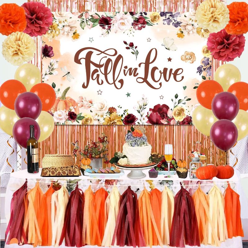 Photo 1 of Fall In love Bridal Shower Decorations Fall Wedding Decorations 47pcs Fall Bridal Shower Decorations Set Includes Backdrop, Paper Pom Poms, Paper Tassel, Curtains and Balloons
