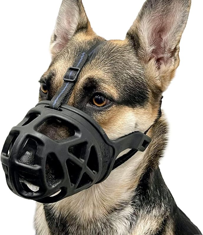 Photo 1 of BARKLESS Dog Muzzle, Basket Muzzle for Biting, Chewing and Scavenging, Humane Cage Mouth Cover, Perfect for Grooming and Training Small, Medium, Large Aggressive Reactive Dogs (M, Black)
