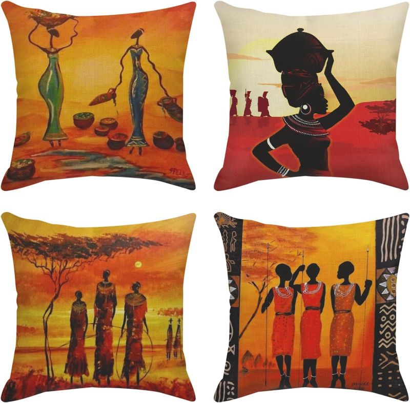 Photo 1 of ArtSocket Set of 4 Linen Throw Pillow Covers Oil Painting African Ethnic Tribe Lady Livingroom Lips Decorative Pillow Cases Home Decor Square 16x16 inches Pillowcases
