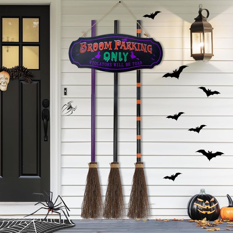 Photo 1 of Hourleey Halloween Decorations, Broom Parking Sign with 3 Wooden Witches Brooms, Hocus Pocus Halloween Decor for Indoor Outdoor Front Door Fence Porch Wall Home
