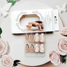 Photo 1 of 24 Pcs Medium Press on Nails Almond Fake Nails French Tip Glue on Nails, Brown False Nails with Designs Glossy Acrylic Nails Full Cover Artificial Stick on Nails for Women Girls Manicure DIY