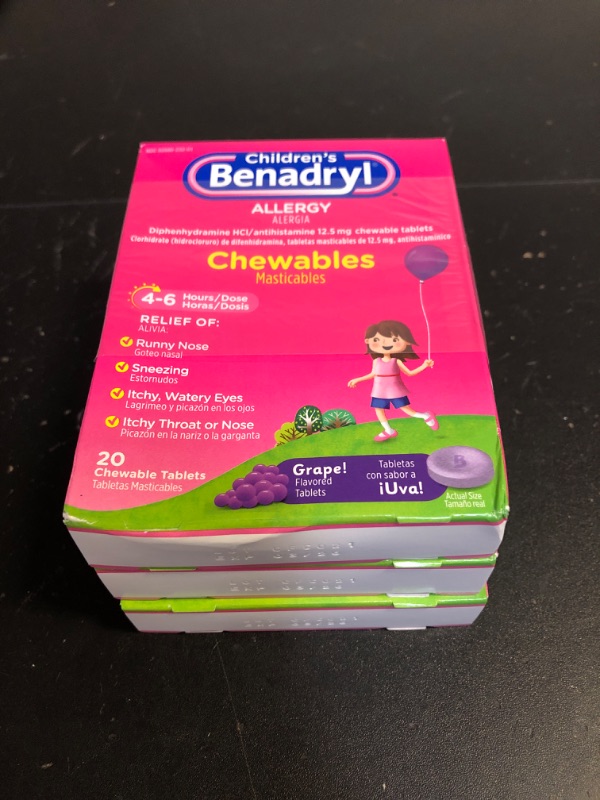 Photo 2 of Benadryl Children's Allergy Chewables with Diphenhydramine HCl, Antihistamine Chewable Tablets in Grape Flavor, Three Pack, 3 x 20 ct Each, 60 ct EXP MARCH 2026