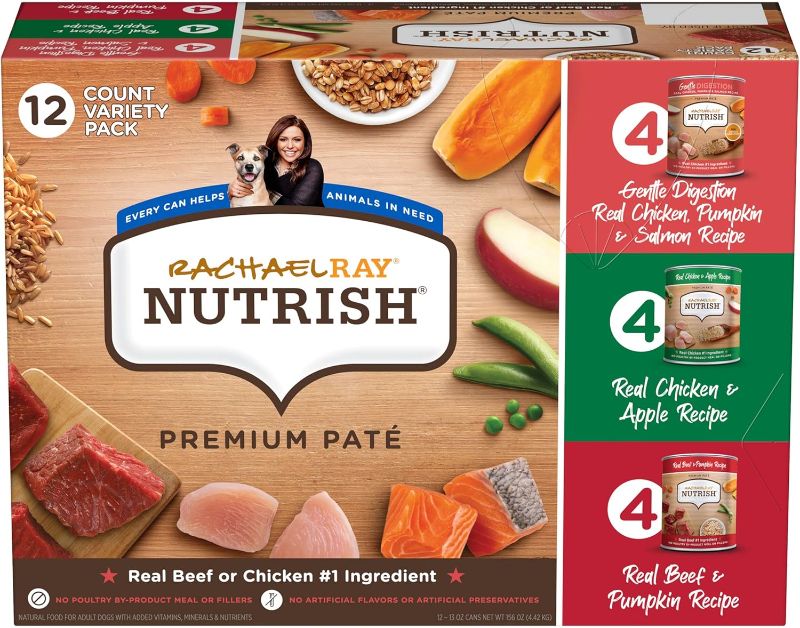 Photo 1 of Nutrish Rachael Ray Wet Dog Food, Natural Food for Adult Dogs with Added Vitamins, Minerals & Nutrients, Beef, Chicken, and Gentle Digestion Variety Pack, 13 Ounce Can (Pack of 12) EXP APRIL 30/2026