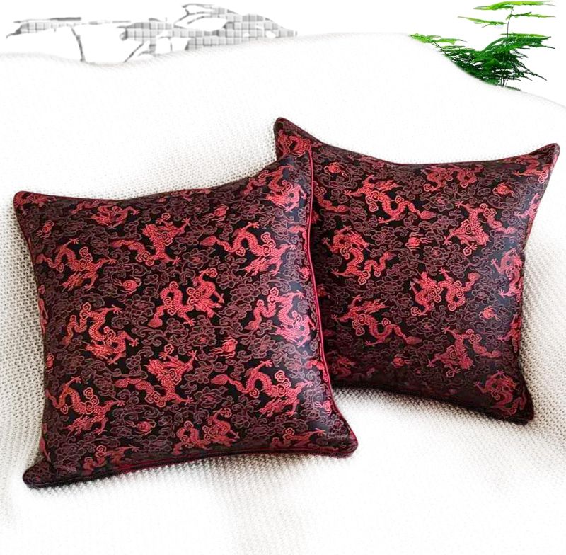 Photo 1 of Throw Pillow Covers 18x18 Silky Style with Jacquard Pattern and Rope Border, Ideal for Couch, Sofa, and Bed Decor, 18x18 Pillow Cover No Inserts (Color: Burgundy & Black, 18x18 in)
