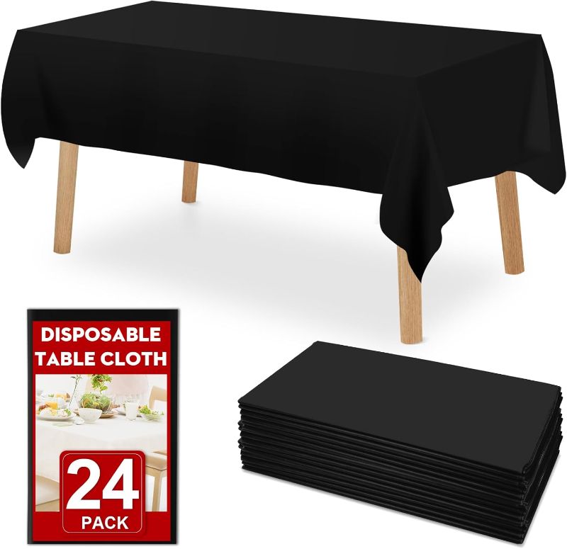 Photo 1 of 24 Pack Black Plastic Table Cloths Disposable?54 x 108 Inches Plastic Table Cover for Rectangle Tables?Disposable Tablecloth for Dinning?Parties?BBQ?Wedding?Outdoor
