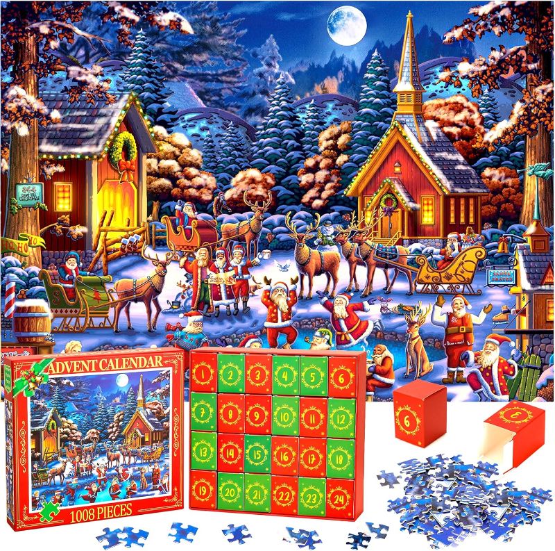 Photo 1 of Advent Calendar 2024 Jigsaw Puzzle -1008 Pieces Christmas Jigsaw Puzzle Countdown Calendar for Home Decoration-24 Parts Family Game Puzzle for Kids Adults
