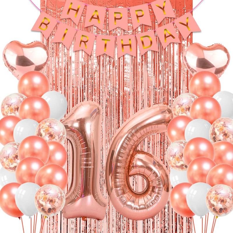 Photo 1 of 16 Birthday Decorations for Girls Happy Birthday Rose Gold Banner Balloons 16th Birthday Party Decorations 16 Balloon Numbers
