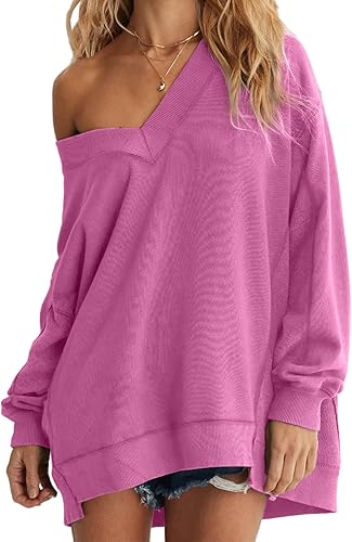 Photo 1 of AlvaQ Women's Oversized Sweatshirt 2024 Casual Long Sleeve V Neck Pullover Tunic Tops Outfits Pink Size XL
