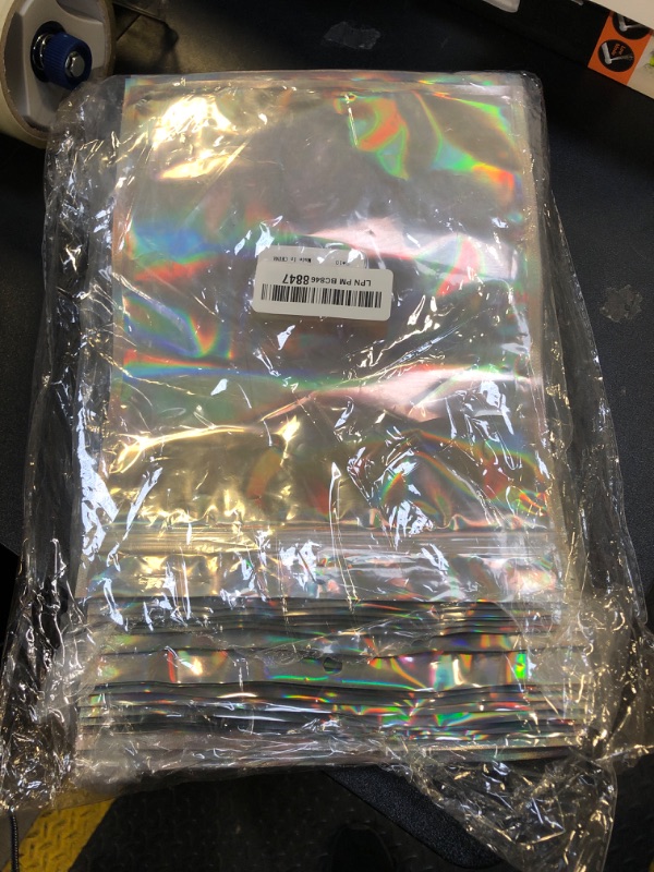 Photo 2 of 100 Pack Resealable Smell Proof Mylar Bags Holographic Bags 8 x 10 Inch Ziplock Pouch Flat Ziplock Bags for Party Favor Food Storage,for Cookies,Jewelry Packaging,Hanging Ziplock Bag