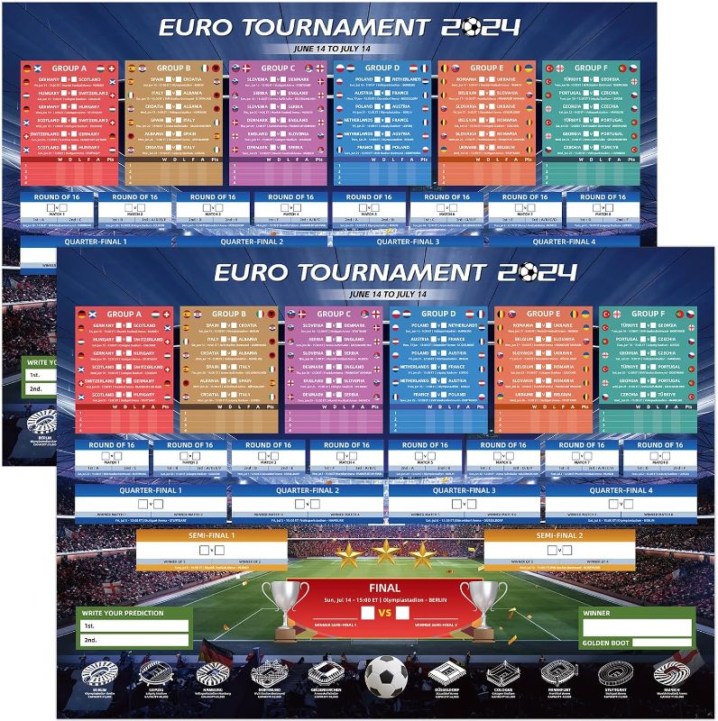 Photo 1 of AhfuLife 2 Pcs Euro 2024 Wall Chart Poster Decorations - A2 Size Euro 2024 Soccer Match Schedule Poster with ET Time, European Germany 2024 Football Soccer for Home Bar Party Decor (16.5''×23.3'')
