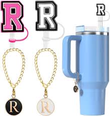 Photo 1 of 10 mm Straw Cover Cap for Stanley Cup 30 Oz 40 Oz Initial Straw Topper with 2 Pcs Letter Charm Name ID Accessories for Stanley Tumbler LETTER R