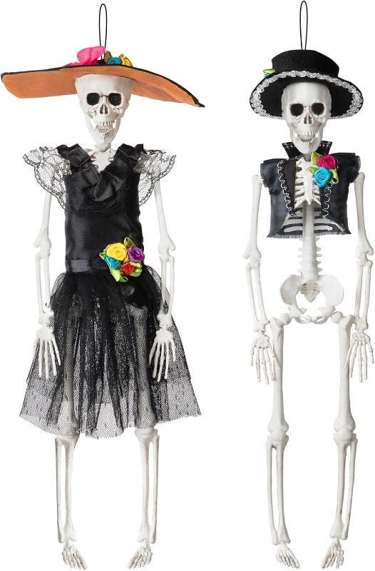 Photo 1 of DECORLIFE 2 PCS Skeletons for Day of The Death Decorations, 16 Inch Bride and Groom Skeleton Ornament, Figurines Halloween Decorations for Party, Graveyard, Haunted House Décor
