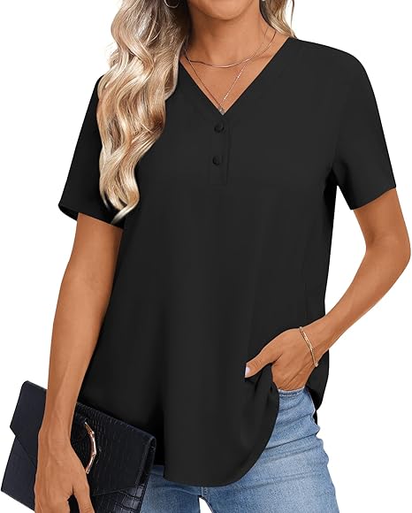 Photo 1 of Anydoll Women's 2024 Summer Blouse Casual Short Sleeve Tops Vneck Button Chiffon Business Tunics Henley Tshirts XL 