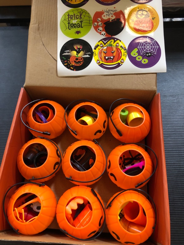 Photo 2 of 144 PCS Halloween Party Favors For Kids, 18 Pack Prefilled Halloween Pumpkins bucket with Toys Halloween Toys Bulk for Halloween Party School Classroom Prizes Rewards Trick or Treats Gifts