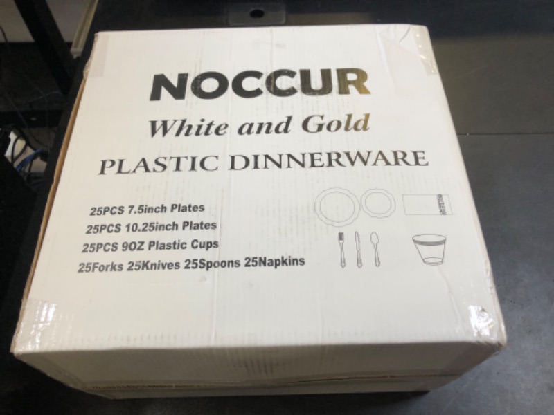 Photo 3 of NOCCUR 175PCS Gold Plastic Plates with Disposable Silverware - Gold Plastic Tableware Include 25Dinner Plates, 25Dessert Plates, 25Forks, 25Knives, 25Spoons, 25Cups, 25Napkins-Ideal for Weddings