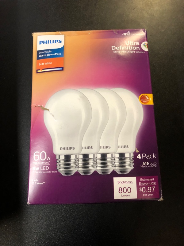 Photo 3 of PHILIPS LED Flicker-Free Frosted Dimmable A19 Light Bulb - EyeComfort Technology - 800 Lumen - Soft White (2700K) - 8W=60W - E26 Base - Title 20 Certified - Ultra Definition - Indoor - 4-Pack