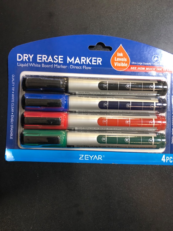 Photo 2 of ZEYAR Dry Erase Marker Low-Odor Bullet Tip, Ultra-Large Capacity, Advanced Direct Flow Structure, Whiteboard Marker for School, Office, Home, 4 Count (Black,Blue,Red,Green)