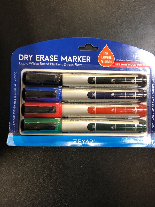 Photo 2 of ZEYAR Dry Erase Marker Low-Odor Bullet Tip, Ultra-Large Capacity, Advanced Direct Flow Structure, Whiteboard Marker for School, Office, Home, 4 Count (Black,Blue,Red,Green)