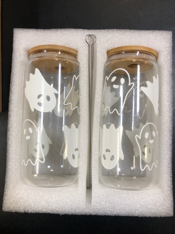 Photo 2 of 2PCS 18 oz Halloween Ghost Decorations Can Glass Cups,Tumbler Glass Mug with Lids Straws,Spooky Cups for Iced Coffee,Goth Spooky Gifts for Women Men,Halloween Gifts for Women Her Sister Mom Dad