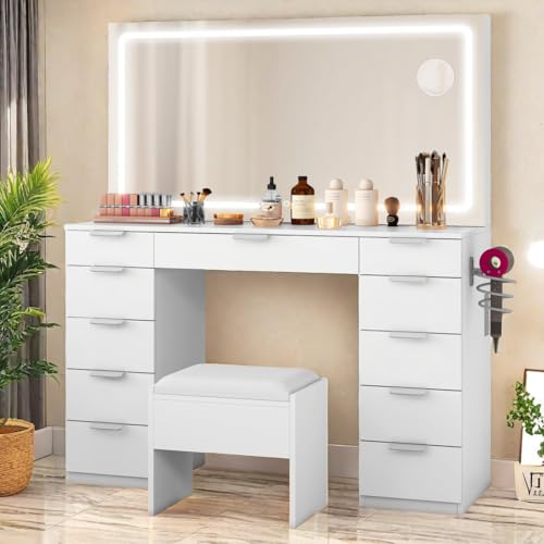 Photo 1 of ***STOCK PHOTO FOR REFERENCE ONLY - UNABLE TO IDENTIFY EXACT ITEM - SEE PICTURES***
DWVO Dressing Vanity Desk with Spacious LED-Lit Mirror & Electrical Socket, 11-Drawer Cosmetic Makeup Table with Magnifier, 46'' Dressing Table with Organizing Stool for B