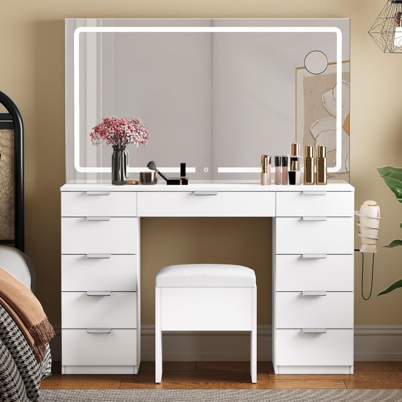 Photo 1 of ***BROKEN MIRROR/PARTS ONLY***YITAHOME Makeup Vanity with LED Illuminated Mirror & Power Outlet, 46'' Vanity Desk Set Boasting 11 Drawers, Dressing Table with Storage Bench for Bedroom, 3 Lighting Color Adjustable, Off White
