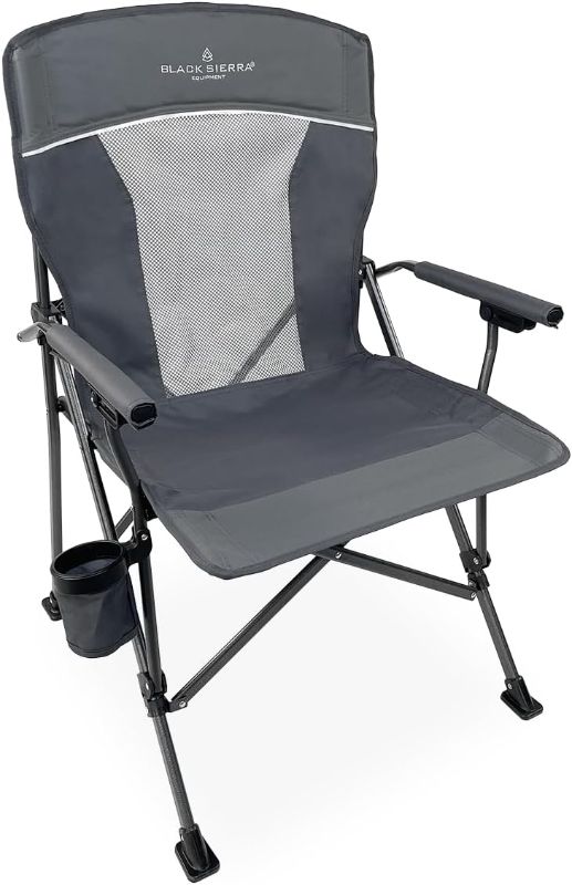 Photo 1 of (FAIR) Black Sierra Camping Chair w/Padded Hard Armrest, Folding Lawn Chair w/Mesh Vented Back, Portable Beach Chair w/Cup Holder and Carry Bag, Supports 300 lbs for Sports, Backyard, Tailgating
