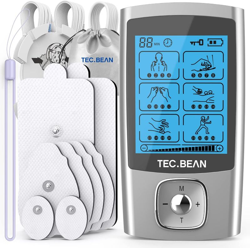Photo 1 of 24 Modes Tens Unit Muscle Stimulator, Rechargeable Tens Machine with 8 Electrode Pads (American Gel), Electric Pulse Massager for Pain Relief Therapy?Silver