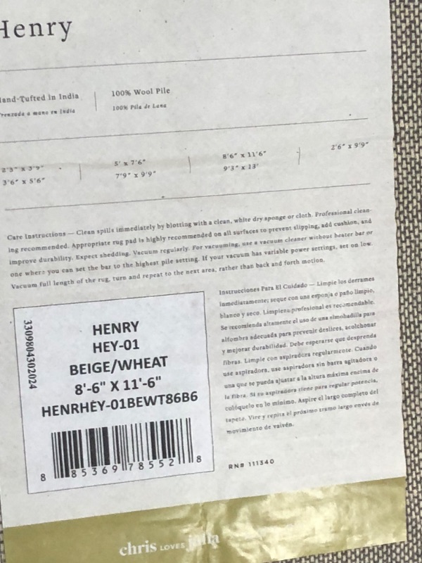 Photo 3 of **DIRTY HAS STAINS NEEDS CLEANED**TRUCK / TRAILER PICK UP ONLY**
Loloi Chris Loves Julia Henry Collection HEY-01 Beige/Wheat 8'-6" x 11'-6", .50" Pile Height, Area Rug