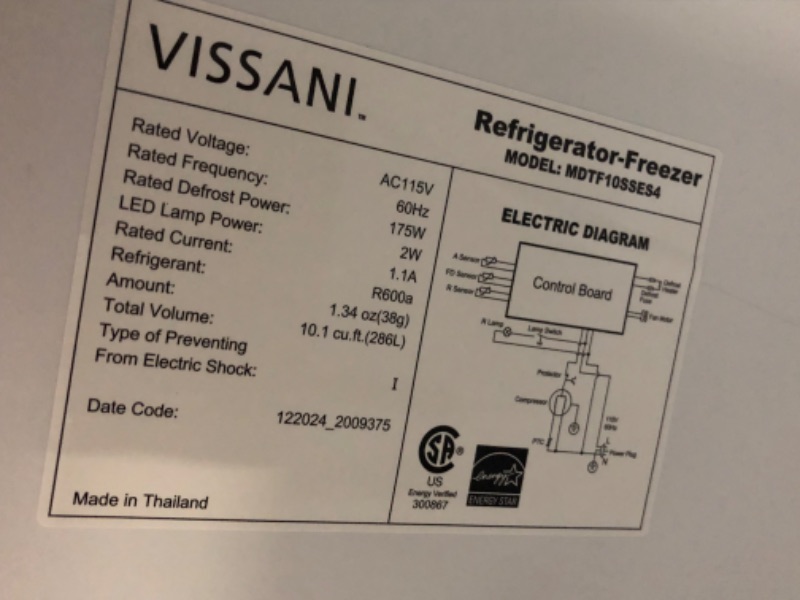 Photo 1 of ***TRUCK/TRAILER PICKUP ONLY - DAMAGED - DENTED - UNABLE TO TEST - SEE PICTURES***
Vissani 10.1 cu. ft. Top Freezer Refrigerator in Stainless Steel