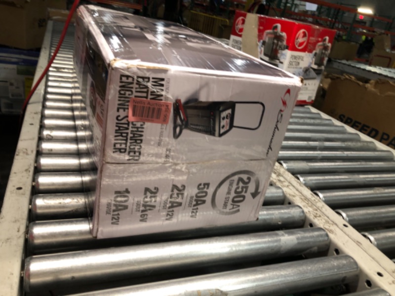 Photo 1 of ***NONREFUNDABLE - MAJOR DAMAGE - SEE COMMENTS***
Schumacher Electric Wheeled Battery Charger and Jump Starter, SC1445, 2-in1 - Manual Timer-Controlled, 250 Cranking Amps, 6 Volt and 12 Volt for Car, SUV, Truck, and Marine Batteries