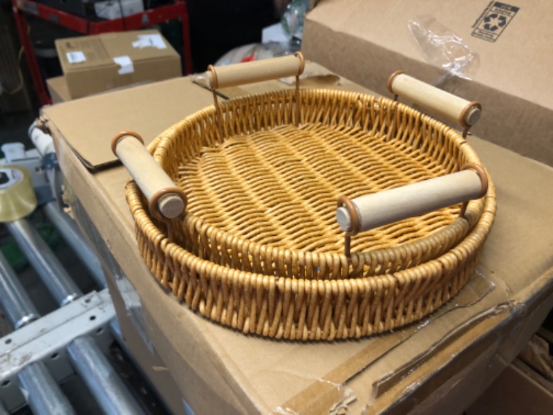 Photo 1 of **MISSING 1 TRAY** GIB Small Round Rattan Serving Trays with Handles, Decorative Woven Wicker Baskets Serving Trays for Coffee Table Decor, Bread, Fruit, Snacks, Set of 3