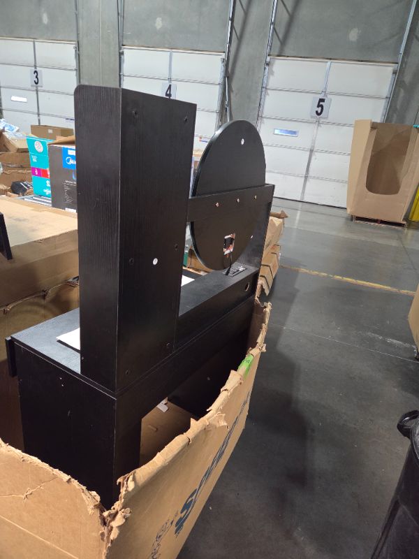 Photo 1 of ***DAMAGED - PREVIOUSLY ASSEMBLED - SEE COMMENTS***
DWVO Vanity Desk with Mirror and Lights, Makeup Vanity Table Set with Power Outlets and Chair, 3 Lighting Colors, Makeup Desk with 3 Drawer and Lots Storage Shelves for Bedroom, Black Dressing Table