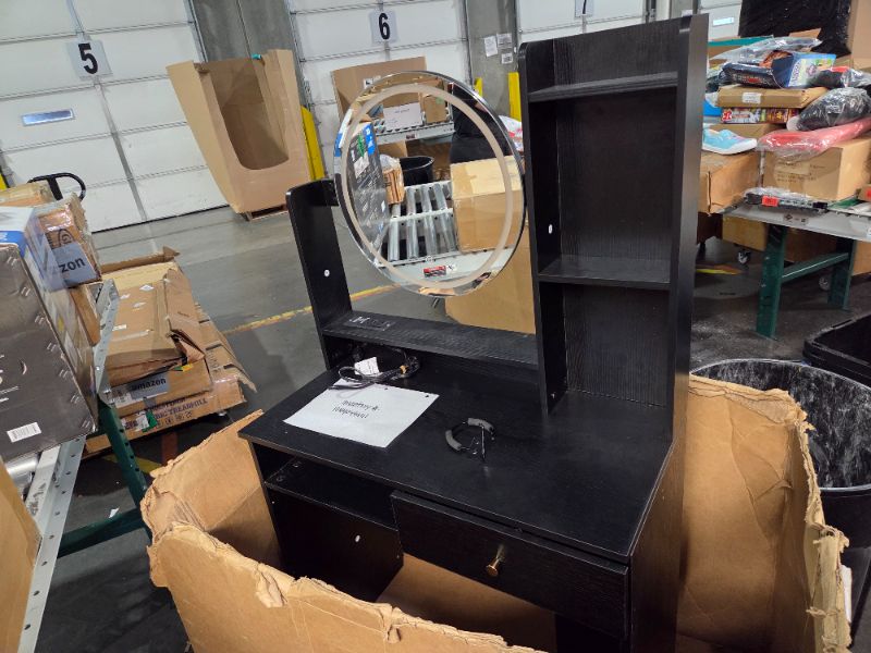 Photo 1 of ***DAMAGED - PREVIOUSLY ASSEMBLED - SEE COMMENTS***
DWVO Vanity Desk with Mirror and Lights, Makeup Vanity Table Set with Power Outlets and Chair, 3 Lighting Colors, Makeup Desk with 3 Drawer and Lots Storage Shelves for Bedroom, Black Dressing Table