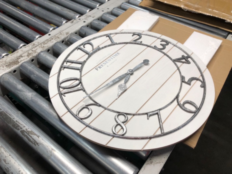 Photo 1 of ***USED - UNABLE TO TEST***
Presentime & Co Classic Farmhouse Shiplap Clock, 19.5 inch, Galvanized Finish Arabic Numerals with White Shiplap Style. Large Farmhouse Decor for Living Room, Entryway, Home Office. Wall Décor