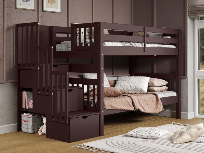 Photo 1 of ***NON REFUNDABLE INCOMPLETE SET SEE NOTES *** Bedz King Stairway Bunk Beds Twin over Twin with 3 Drawers in the Steps, Dark Cherry 