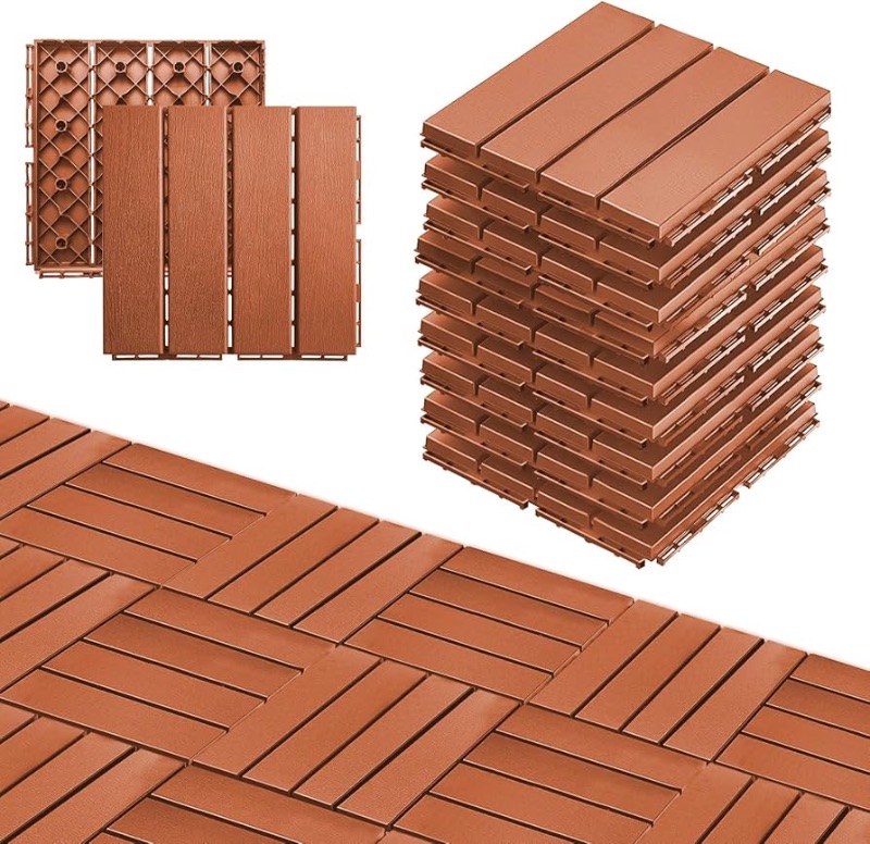 Photo 1 of  Outdoor Living Patio Deck Tiles, 12 x 12 inches Composite Interlocking Decking Tile, Four Slat Plastic Outdoor Flooring, 90 Pieces One Pack, Brown Red 